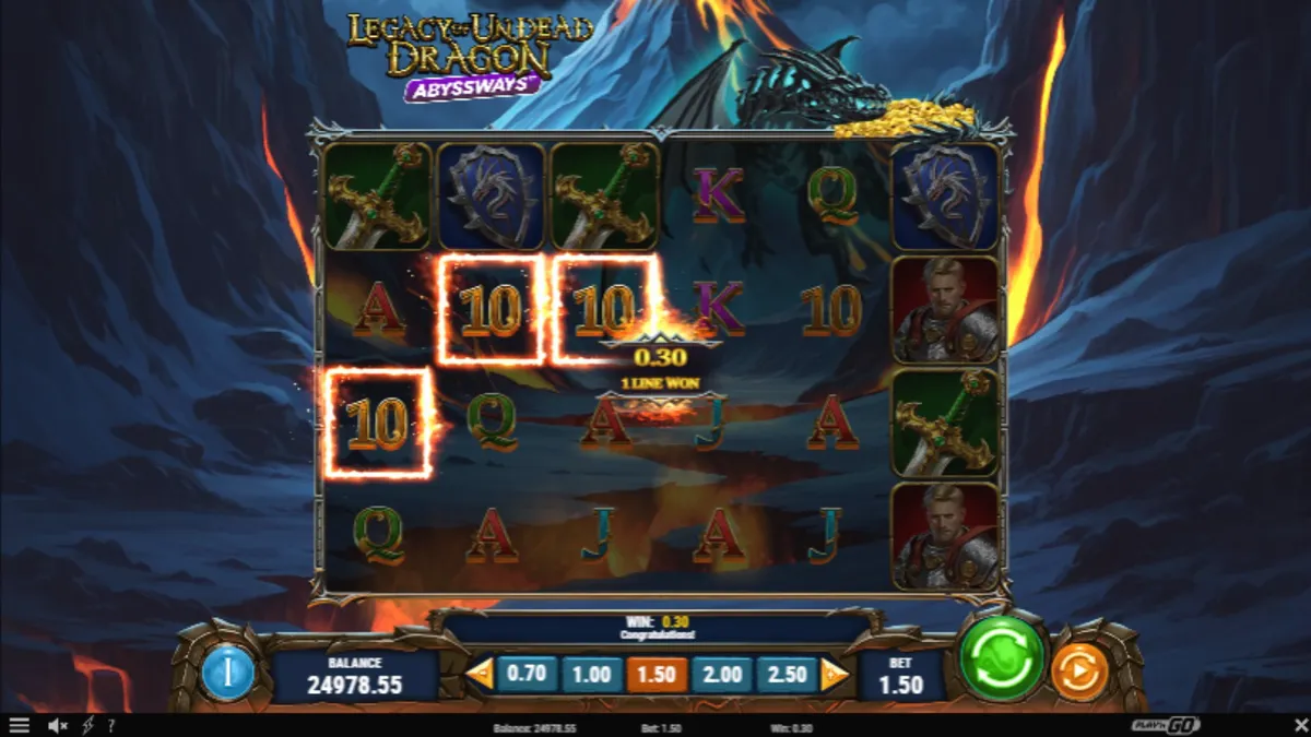 Tampilan visual slot Legacy of Undead Dragon Abyssways dengan naga dan harta karun