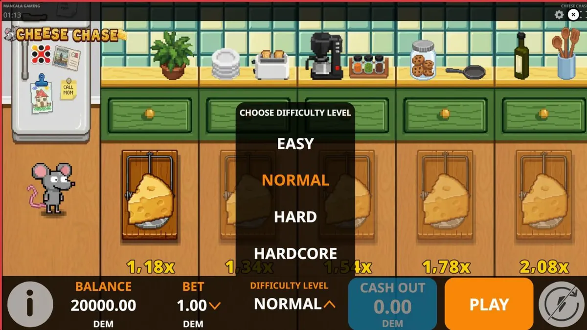 Tampilan visual retro 8-bit dari permainan slot Cheese Chase oleh Mancala Gaming